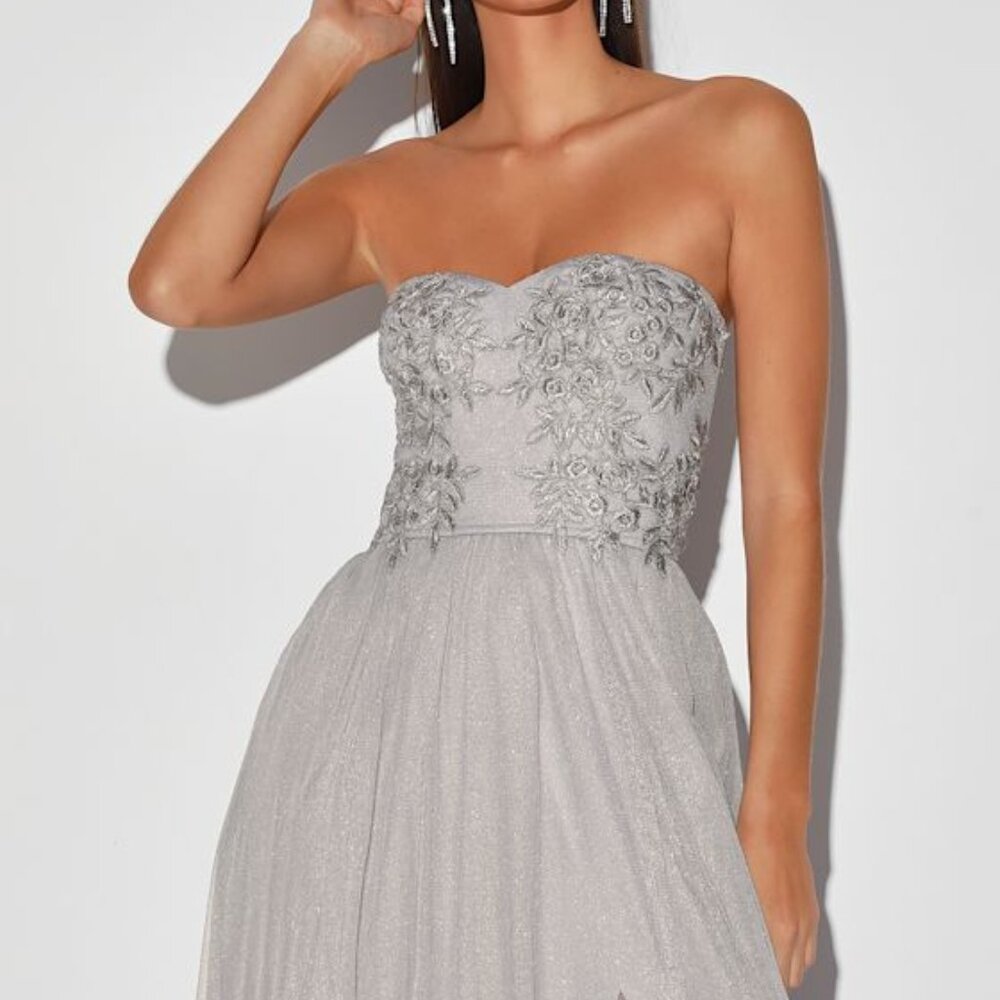 Lulus Midnight Dreamer Grey Embroidered Strapless Maxi Dress - Size S
